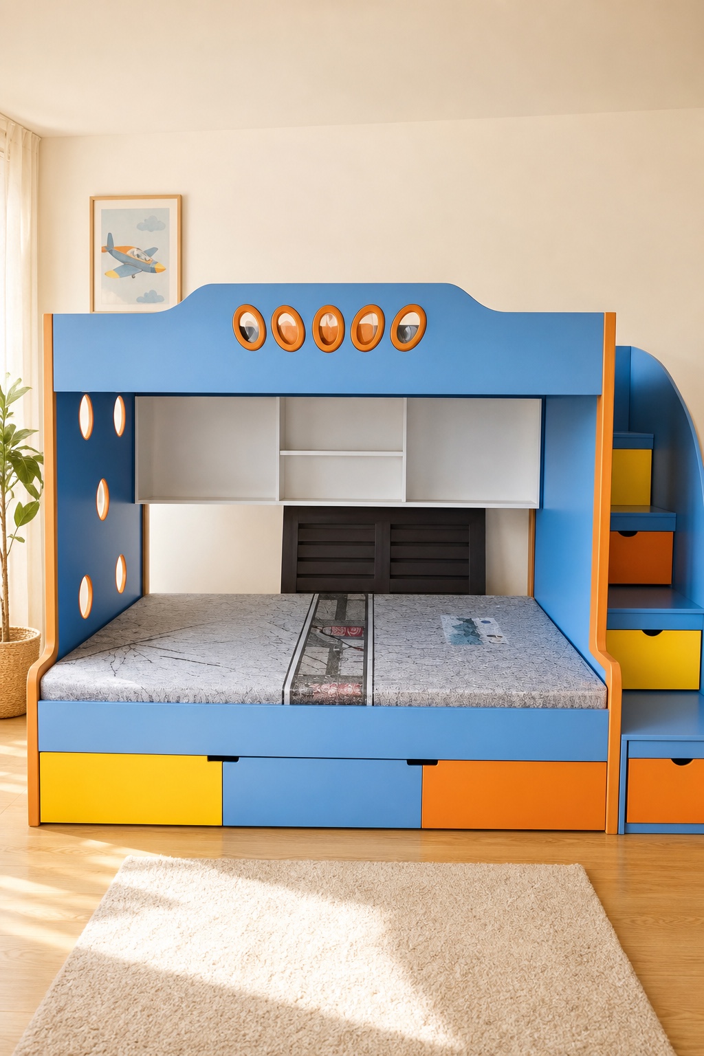 Multi-Color Triple Bunk Bed with Storage